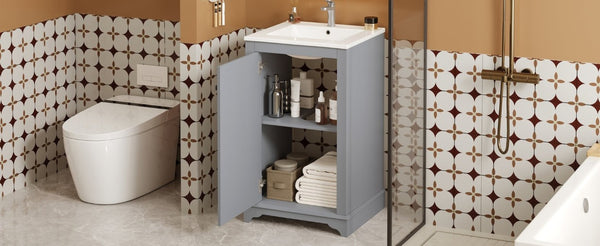 English Elm 20-Inch Gray Shaker Bathroom Vanity with Ceramic Sink Soft Close Pine Cabinet N710P317678E