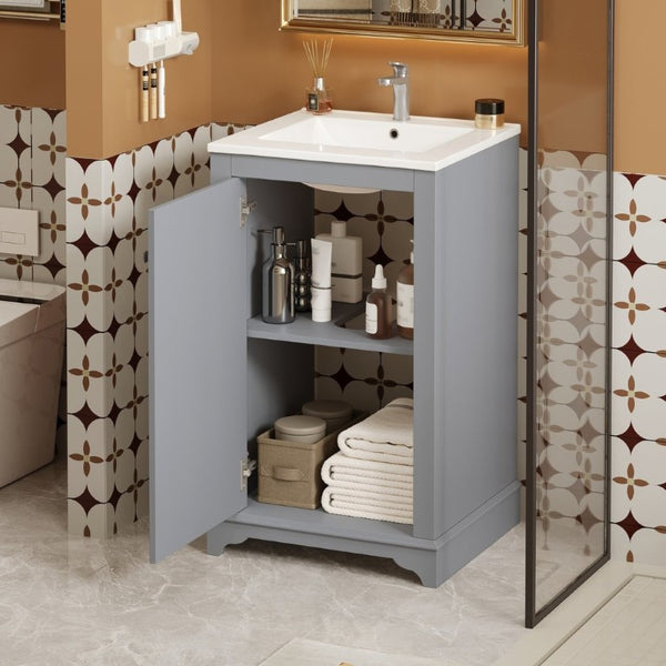English Elm 20-Inch Gray Shaker Bathroom Vanity with Ceramic Sink Soft Close Pine Cabinet N710P317678E