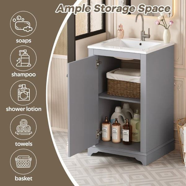 English Elm 20-Inch Gray Shaker Bathroom Vanity with Ceramic Sink Soft Close Pine Cabinet N710P317678E