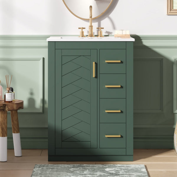 English Elm 24" Single Bathroom Vanity Sage Green Ceramic Sink Soft Close Drawers Gold Hardware N710P341038F