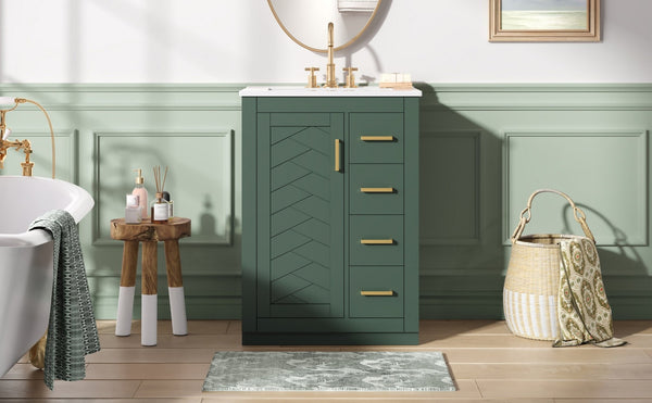 English Elm 24" Single Bathroom Vanity Sage Green Ceramic Sink Soft Close Drawers Gold Hardware N710P341038F