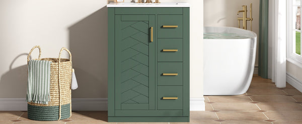 English Elm 24" Single Bathroom Vanity Sage Green Ceramic Sink Soft Close Drawers Gold Hardware N710P341038F