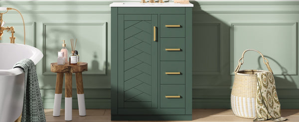English Elm 24" Single Bathroom Vanity Sage Green Ceramic Sink Soft Close Drawers Gold Hardware N710P341038F