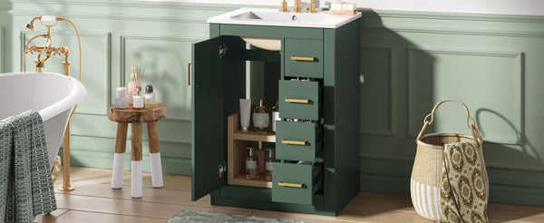 English Elm 24" Single Bathroom Vanity Sage Green Ceramic Sink Soft Close Drawers Gold Hardware N710P341038F