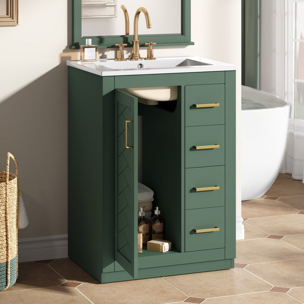 English Elm 24" Single Bathroom Vanity Sage Green Ceramic Sink Soft Close Drawers Gold Hardware N710P341038F