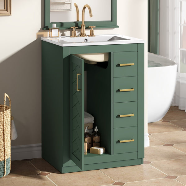 English Elm 24" Single Bathroom Vanity Sage Green Ceramic Sink Soft Close Drawers Gold Hardware N710P341038F