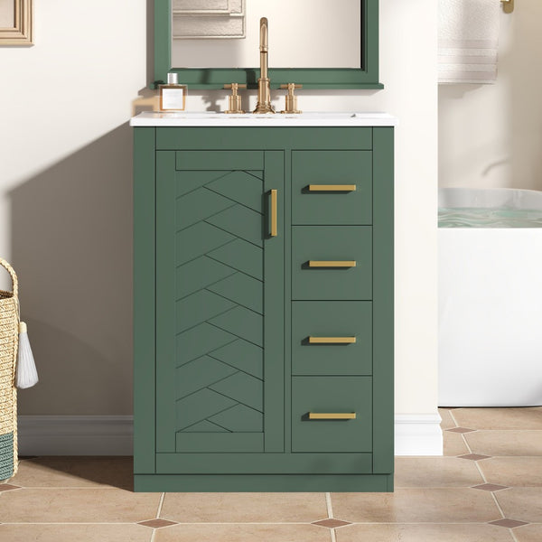 English Elm 24" Single Bathroom Vanity Sage Green Ceramic Sink Soft Close Drawers Gold Hardware N710P341038F