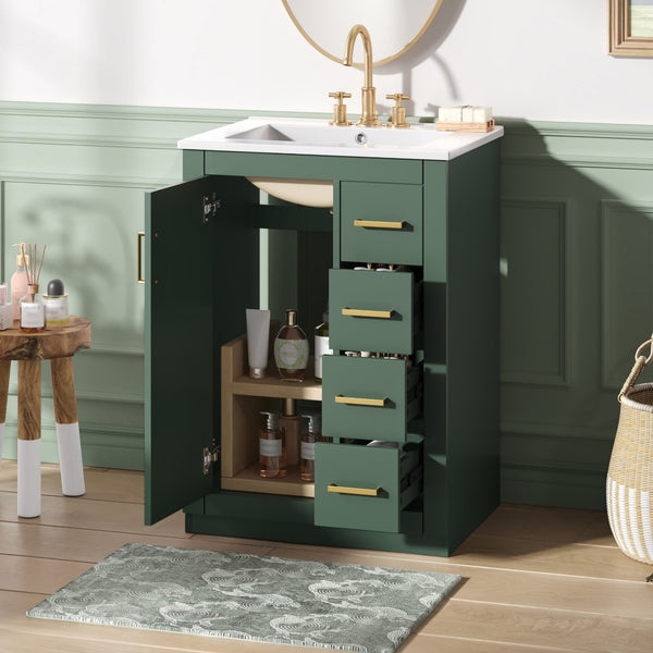 English Elm 24" Single Bathroom Vanity Sage Green Ceramic Sink Soft Close Drawers Gold Hardware N710P341038F