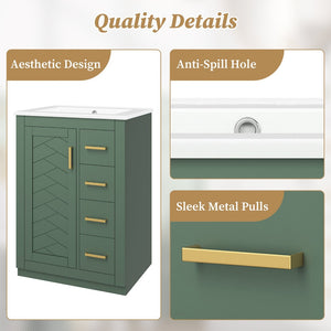 English Elm 24" Single Bathroom Vanity Sage Green Ceramic Sink Soft Close Drawers Gold Hardware N710P341038F
