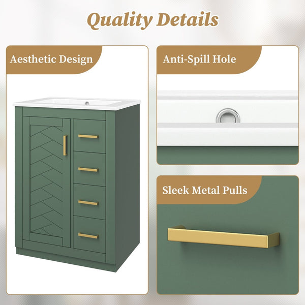 English Elm 24" Single Bathroom Vanity Sage Green Ceramic Sink Soft Close Drawers Gold Hardware N710P341038F