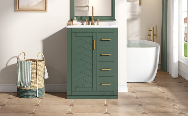 English Elm 24" Single Bathroom Vanity Sage Green Ceramic Sink Soft Close Drawers Gold Hardware N710P341038F