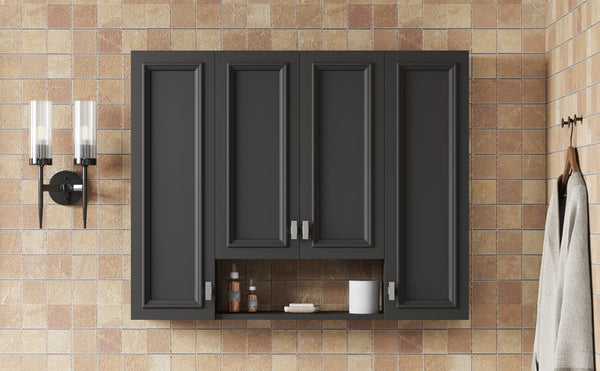 English Elm Modern Wall Mounted Bathroom Cabinet with Five Adjustable Open Shelves and Sculpted Hardware Black N710P358592B