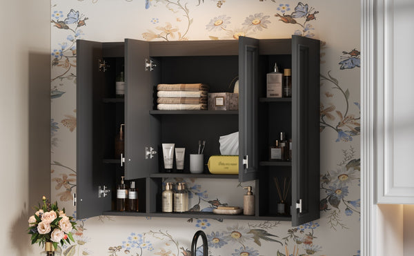 English Elm Modern Wall Mounted Bathroom Cabinet with Five Adjustable Open Shelves and Sculpted Hardware Black N710P358592B