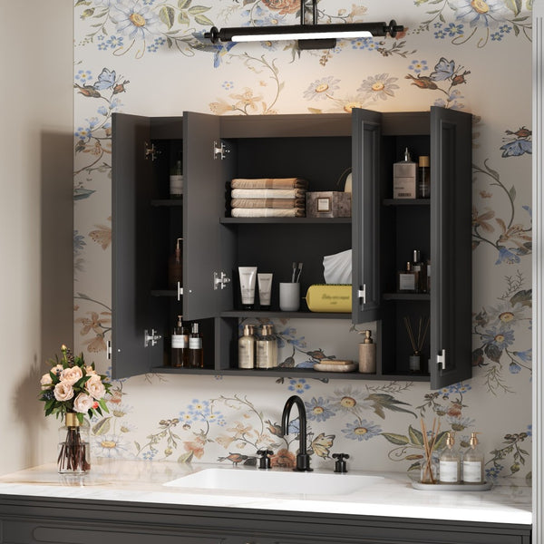 English Elm Modern Wall Mounted Bathroom Cabinet with Five Adjustable Open Shelves and Sculpted Hardware Black N710P358592B