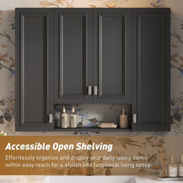English Elm Modern Wall Mounted Bathroom Cabinet with Five Adjustable Open Shelves and Sculpted Hardware Black N710P358592B