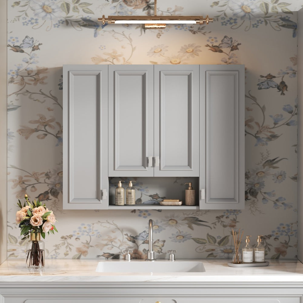 English Elm Modern Wall Mounted Bathroom Cabinet with Five Adjustable Open Shelves and Sculpted Hardware Gray N710P358592E