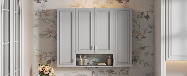 English Elm Modern Wall Mounted Bathroom Cabinet with Five Adjustable Open Shelves and Sculpted Hardware Gray N710P358592E