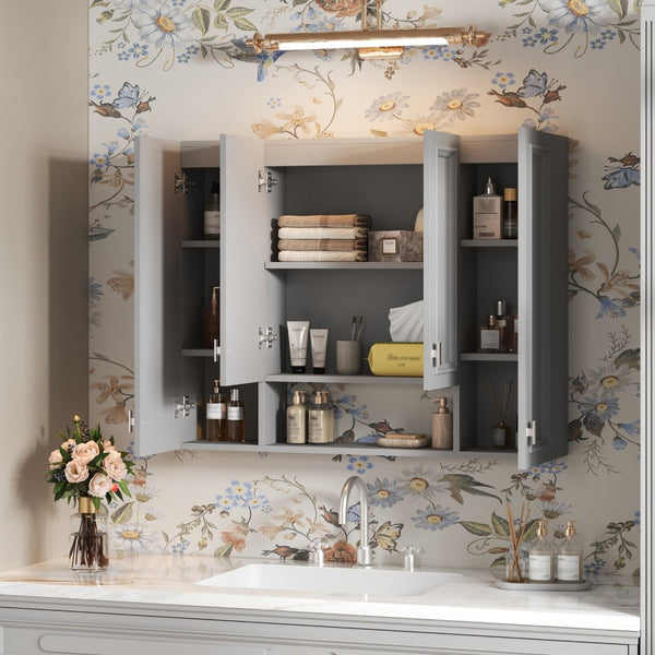 English Elm Modern Wall Mounted Bathroom Cabinet with Five Adjustable Open Shelves and Sculpted Hardware Gray N710P358592E