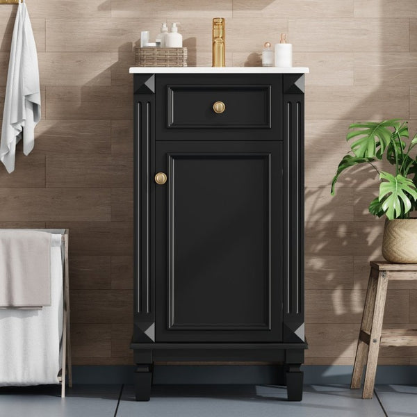 English Elm 18-Inch French Country Bathroom Vanity Rubberwood Cabinet with Ceramic Sink Soft Close N710P371187B