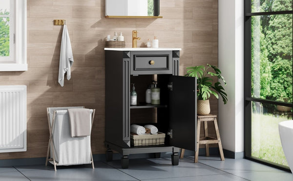 English Elm 18-Inch French Country Bathroom Vanity Rubberwood Cabinet with Ceramic Sink Soft Close N710P371187B