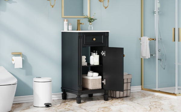 English Elm 18-Inch French Country Bathroom Vanity Rubberwood Cabinet with Ceramic Sink Soft Close N710P371187B