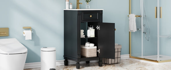 English Elm 18-Inch French Country Bathroom Vanity Rubberwood Cabinet with Ceramic Sink Soft Close N710P371187B
