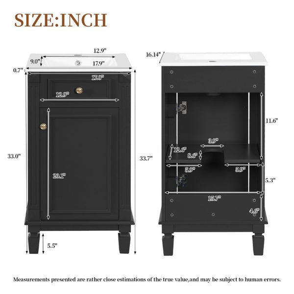 English Elm 18-Inch French Country Bathroom Vanity Rubberwood Cabinet with Ceramic Sink Soft Close N710P371187B