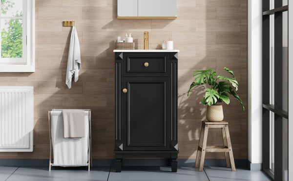 English Elm 18-Inch French Country Bathroom Vanity Rubberwood Cabinet with Ceramic Sink Soft Close N710P371187B