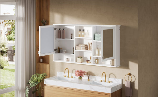 English Elm 55-inch Wall Mount Mirror Cabinet with Soft Close Hinges for Bathroom Vanity Storage N710P401339K