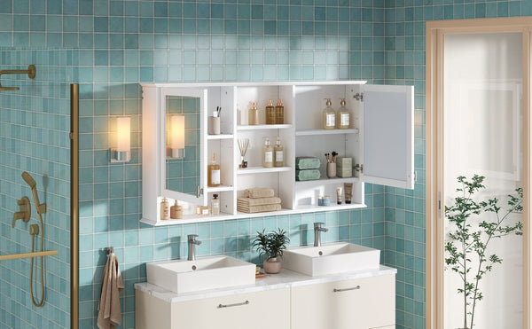 English Elm 55-inch Wall Mount Mirror Cabinet with Soft Close Hinges for Bathroom Vanity Storage N710P401339K