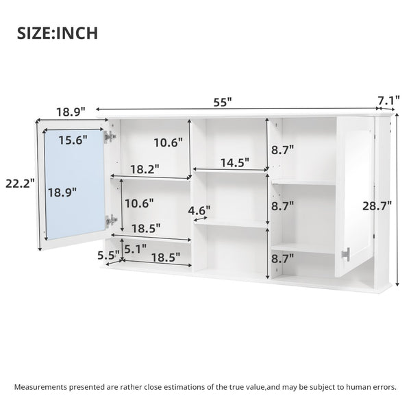 English Elm 55-inch Wall Mount Mirror Cabinet with Soft Close Hinges for Bathroom Vanity Storage N710P401339K