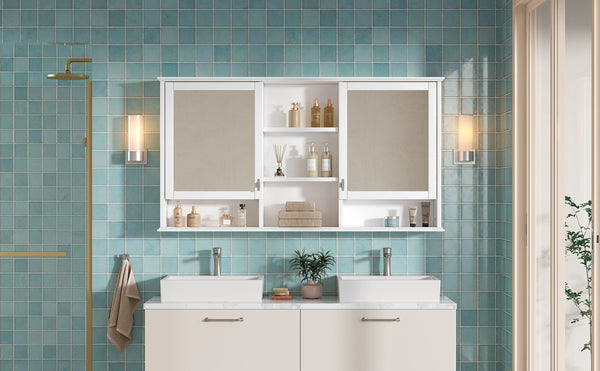 English Elm 55-inch Wall Mount Mirror Cabinet with Soft Close Hinges for Bathroom Vanity Storage N710P401339K