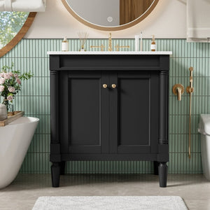 English Elm 30 Inch Matte Black Bathroom Vanity with Ceramic Basin Carved Doors and Wood Legs N710P415327B
