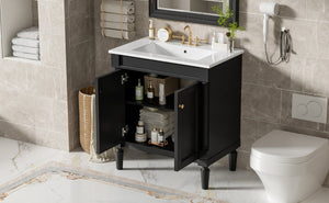 English Elm 30 Inch Matte Black Bathroom Vanity with Ceramic Basin Carved Doors and Wood Legs N710P415327B