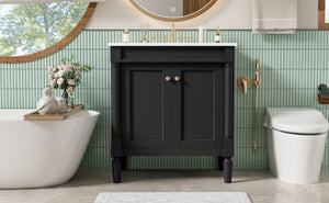 English Elm 30 Inch Matte Black Bathroom Vanity with Ceramic Basin Carved Doors and Wood Legs N710P415327B