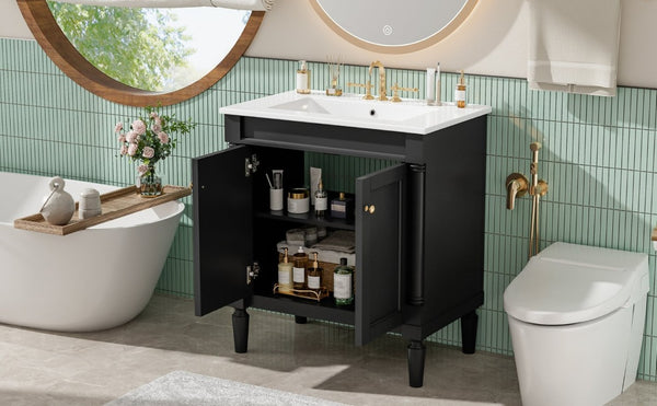 English Elm 30 Inch Matte Black Bathroom Vanity with Ceramic Basin Carved Doors and Wood Legs N710P415327B