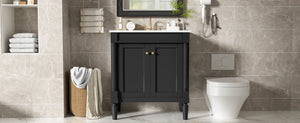 English Elm 30 Inch Matte Black Bathroom Vanity with Ceramic Basin Carved Doors and Wood Legs N710P415327B
