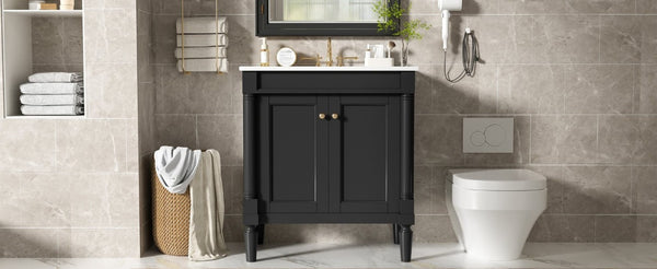 English Elm 30 Inch Matte Black Bathroom Vanity with Ceramic Basin Carved Doors and Wood Legs N710P415327B