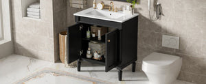 English Elm 30 Inch Matte Black Bathroom Vanity with Ceramic Basin Carved Doors and Wood Legs N710P415327B
