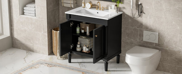 English Elm 30 Inch Matte Black Bathroom Vanity with Ceramic Basin Carved Doors and Wood Legs N710P415327B