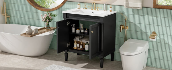English Elm 30 Inch Matte Black Bathroom Vanity with Ceramic Basin Carved Doors and Wood Legs N710P415327B