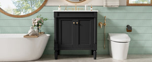 English Elm 30 Inch Matte Black Bathroom Vanity with Ceramic Basin Carved Doors and Wood Legs N710P415327B