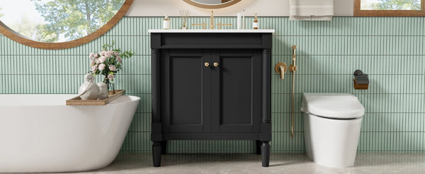 English Elm 30 Inch Matte Black Bathroom Vanity with Ceramic Basin Carved Doors and Wood Legs N710P415327B