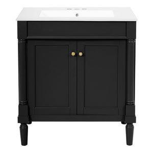 English Elm 30 Inch Matte Black Bathroom Vanity with Ceramic Basin Carved Doors and Wood Legs N710P415327B