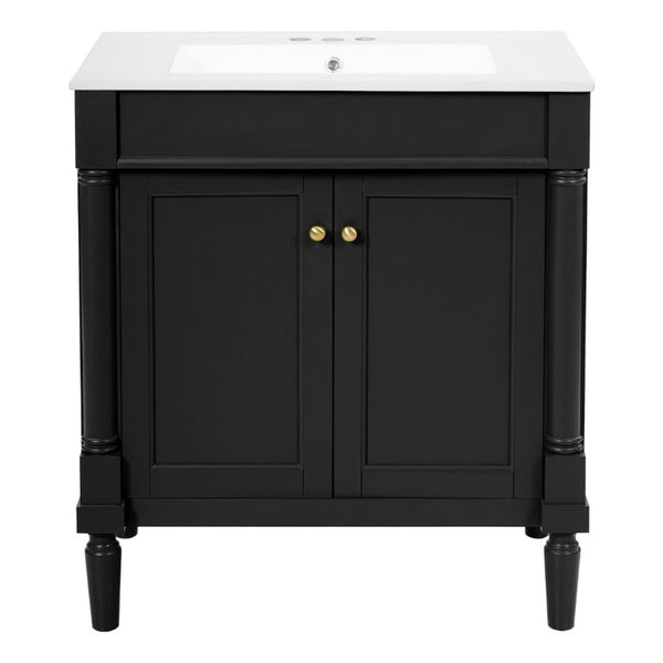 English Elm 30 Inch Matte Black Bathroom Vanity with Ceramic Basin Carved Doors and Wood Legs N710P415327B