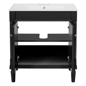 English Elm 30 Inch Matte Black Bathroom Vanity with Ceramic Basin Carved Doors and Wood Legs N710P415327B