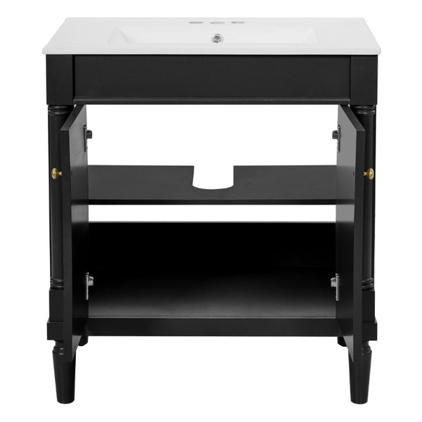 English Elm 30 Inch Matte Black Bathroom Vanity with Ceramic Basin Carved Doors and Wood Legs N710P415327B