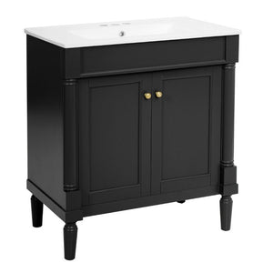 English Elm 30 Inch Matte Black Bathroom Vanity with Ceramic Basin Carved Doors and Wood Legs N710P415327B