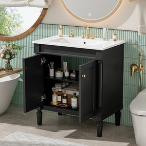 English Elm 30 Inch Matte Black Bathroom Vanity with Ceramic Basin Carved Doors and Wood Legs N710P415327B