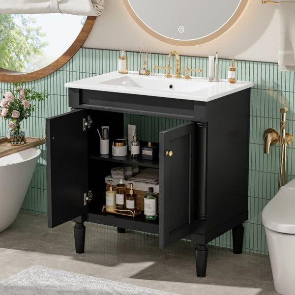 English Elm 30 Inch Matte Black Bathroom Vanity with Ceramic Basin Carved Doors and Wood Legs N710P415327B